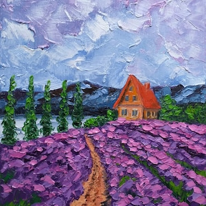 Lavender Painting Tuscany Impasto Artwork Landscape Original Art Italy Provence Oil Painting Canvas Lavender Art 10&quot; by 8&quot; by ZinaPainting