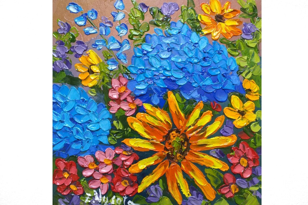 Sunflower Painting Hydrangea Original Art Small Impasto Daisy Oil ...