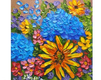 Sunflower Painting Hydrangea Original Art Small Impasto Oil Painting Floral Artwork 6" by 6" by ZinaPainting