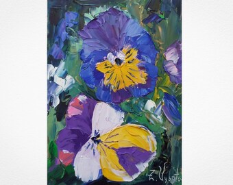 Pensée peinture fleur art original petite peinture à l'huile florale nature morte pensée murale empâtement oeuvre 7" par 5" par ZinaPainting