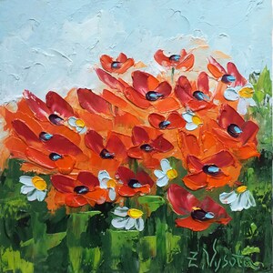 Poppy schilderij madeliefje originele kunst bloemen Impasto olieverfschilderij rode klaprozen wilde bloemen kunstwerk madeliefje bloemen muur kunst 6&quot; x 6&quot; door ZinaPainting
