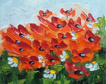 Peinture pavot marguerite art original floral empâtement peinture à l'huile oeuvre de fleurs sauvages 6" par 6" par ZinaPainting