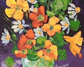 Nasturtium Painting Daisy Original Art Bouquet Flowers Impasto Oil Painting Wildflower Artwork 6" by 8" by ZinaPainting