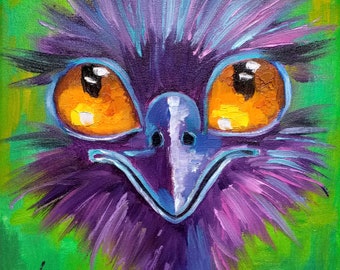 Ostrich Painting Bird Original Art Farm Animal Oil Painting Canvas Ostrich Portrait Wall Art Wildlife Artwork 8&quot; by 8&quot; by ZinaPainting
