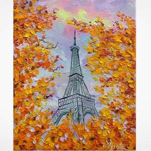 Paris Painting Eiffel Tower Original Art Cityscape Oil Painting Canvas Fall Trees Impasto Artwork Romantic Day Travel Gifts by ZinaPainting