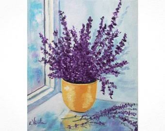Lavender Painting Floral Original Art Bouquet Oil Painting Canvas Purple Flowers Summer Morning Impasto Artwork  12&quot; by 9&quot; by ZinaPainting