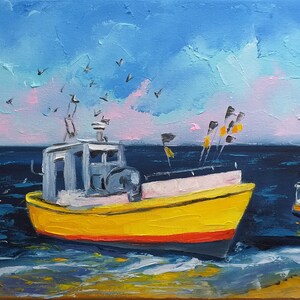 Fishing Boat Painting Seascape Original Art Ocean Oil Canvas Fishing Ship Impasto Artwork Travel Gifts Wall Art 9&quot; by 13&quot; by ZinaPainting