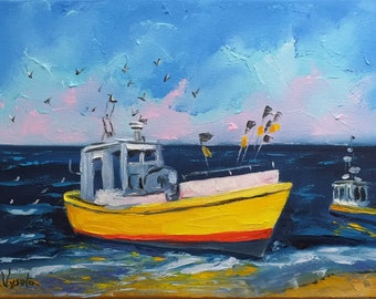 Vissersboot zeegezicht schilderij Impasto origineel olieverf op doek, 9 x 13 inch