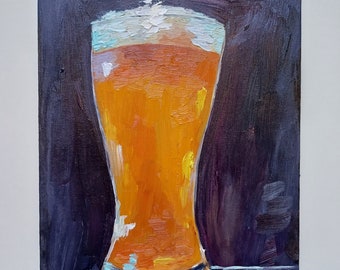 Beer Painting Bar Original Art Beer Oil Painting Canvas Impasto Artwork 9" by 7" by ZinaPainting