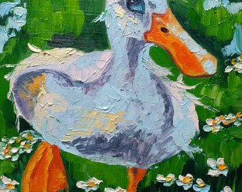 Duck Painting Daisy Original Art Bird Oil Painting Canvas Running Duck Wall Art Bird Impasto Gift Artwork Daisy Art 8&quot;x 8&quot; by ZinaPainting