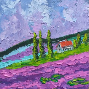 Lavender Field Original Art Landscape Oil Painting Tuscany Lavender Dreams Travel Gifts Italy Impasto Artwork 6&quot; by 8&quot; by ZinaPainting