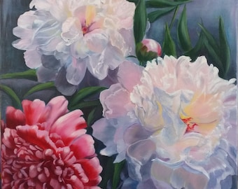 Peonies Painting Flower Original Art Pink Bouquet Oil Painting Canvas Floral Still Life Peony Artwork 16" by 16" by ZinaPainting