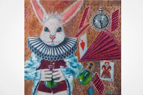 March Hare Alice in Wonderland Painting White Rabbit Original | Etsy