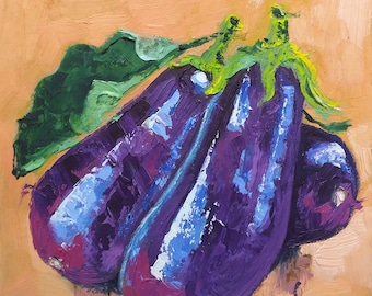 Eggplant Painting Vegetables Original Art Small Oil Painting Food Still Life Impasto Impressionismo Gifts Artwork 6&quot; by 6&quot; by ZinaPainting