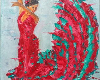 Peinture flamenco danseuse originale figure peinture à l'huile toile femme empâtement oeuvre 13" par 9" par ZinaPaintin