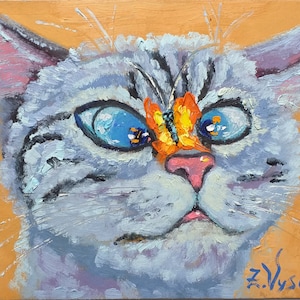 Chat gris, peinture animalière, peinture à l'huile pour animaux de compagnie, art mural chaton, chat bleu tigré, oeuvre de papillon, cadeaux, décoration 7 x 5 po par ZinaPainting