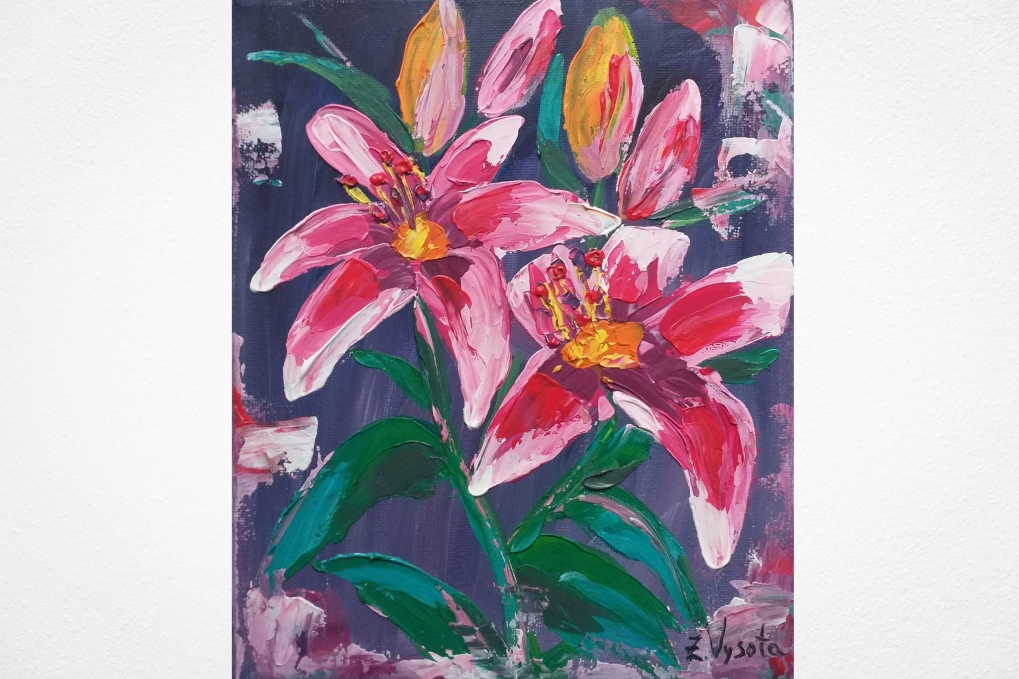 Lilies Painting Pink Flower Original Art Floral Acrylic Painting Canvas Lily Impasto Artwork Heavenly Flowers Gift 10" by 8" by ZinaPainting
