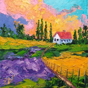 Tuscany Painting Lavender Field Original Art Landscape Oil Painting Impasto Summer Day Nature Artwork Sunset Gift 8&quot; by 8&quot; by ZinaPainting