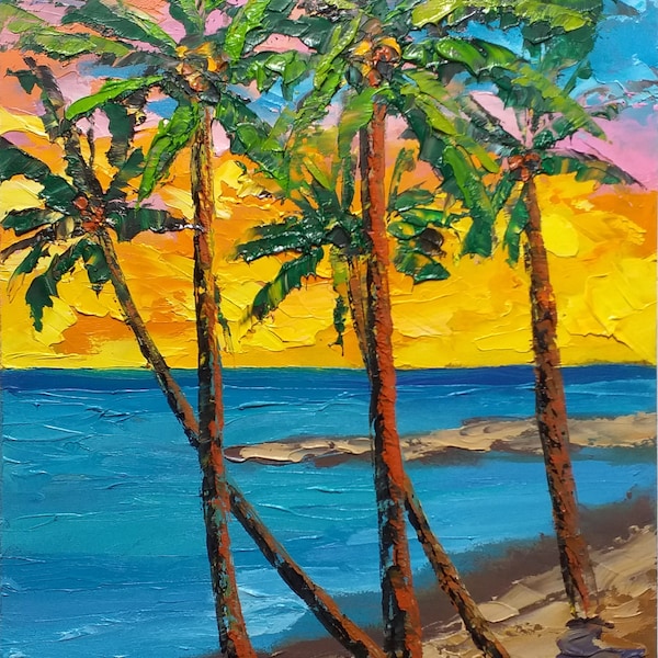 Palmier peinture Maldives art original océan peinture à l'huile plage tropicale paysage marin empâtement oeuvre 12" par 8" par ZinaPainting