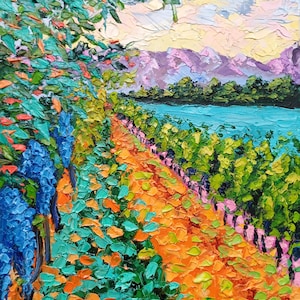 Vineyard Painting Sunset Original Art Landscape Oil Painting Canvas Impasto Vineyard Impressionism Gift Artwork 10" by 8" by ZinaPainting