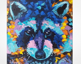 Raccoon Painting Animal Original Art Wildlife Oil Painting Canvas Impasto Artwork 8 by 8 by ZinaPainting