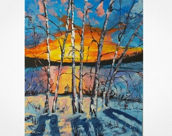 May include: A painting of a winter sunset over a lake with birch trees in the foreground. The sky is a vibrant orange and yellow, with hints of pink and blue. The trees are silhouetted against the sunset, and the lake is a deep blue.