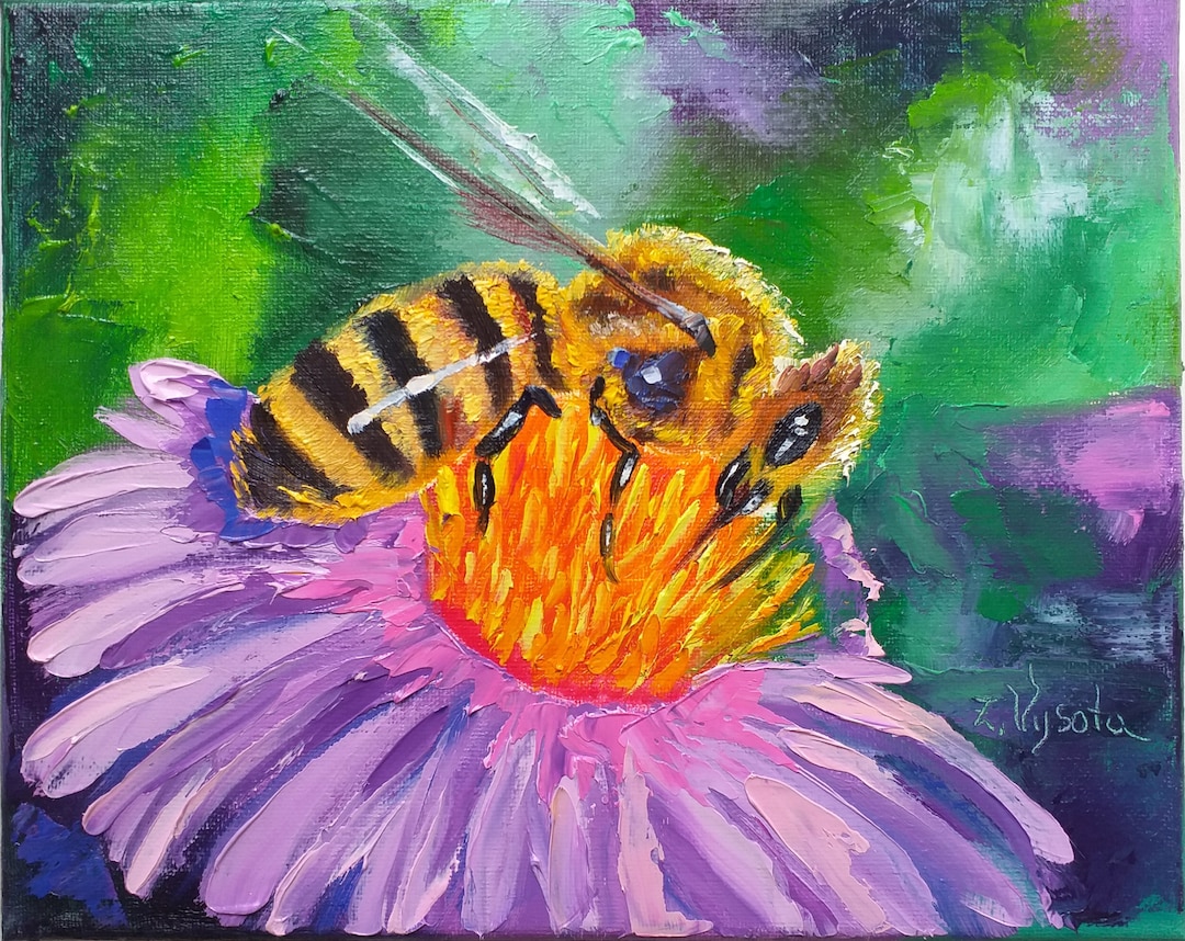 Honey Bee Oil Painting Floral Impasto Art Original Canvas Artwork 10"x8 ...