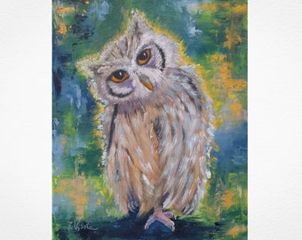 Owl Oil Painting Impasto Original Bird Art on Canvas 12"x10"