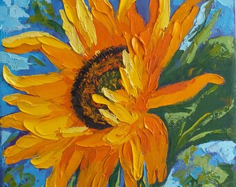 Sunflower Painting Floral Original Art Small Oil Painting Canvas Impasto Artwork 8" by 8" by ZinaPainting