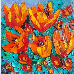 Dipinto di tulipani Arte originale floreale Piccolo dipinto a olio Bouquet di tulipani rossi Impasto Impressionismo Regalo Fiori Opera d'arte 6" per 6" di ZinaPainting