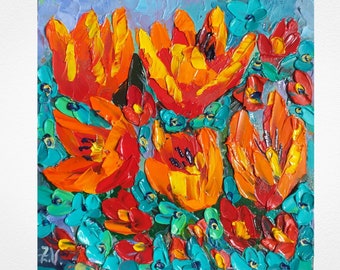 油絵 赤いチューリップ 赤いチューリップの油絵：花のパレットナイフアート（8x8インチ