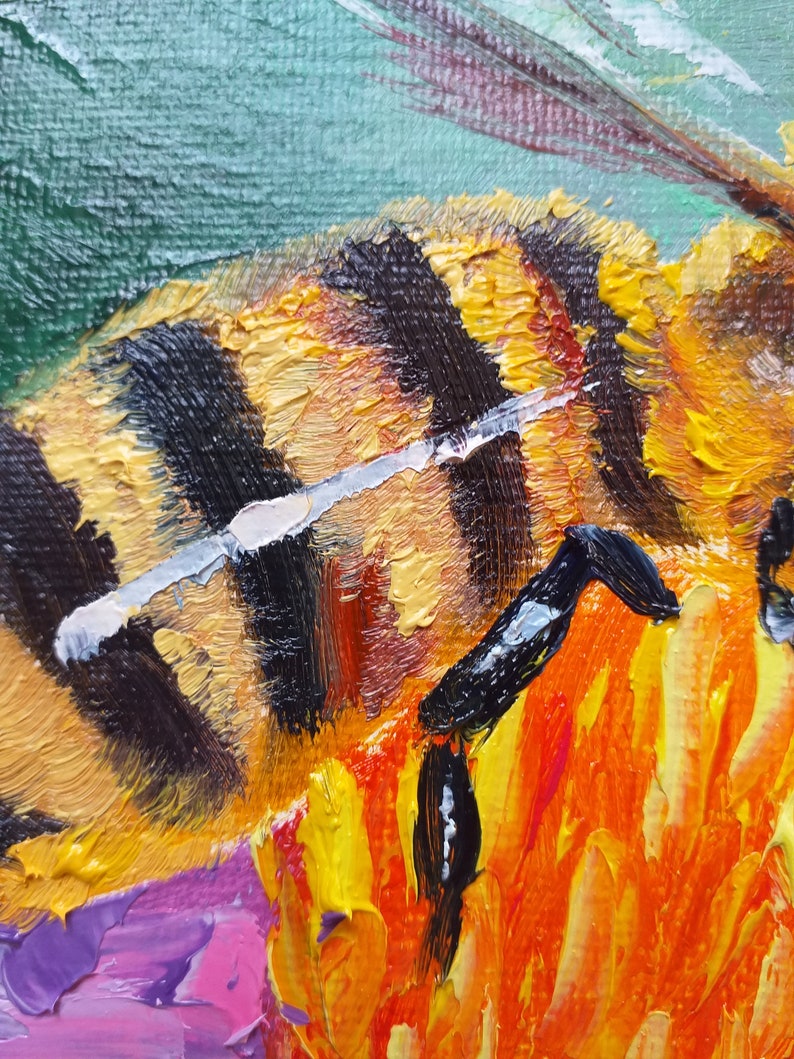 Honey Bee Oil Painting Floral Impasto Art Original Canvas Artwork 10"x8 ...