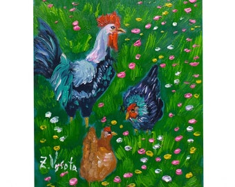 Haan olieverfschilderij boerderij dieren Impasto kunst origineel keukendecor 5 x 7 inch karton