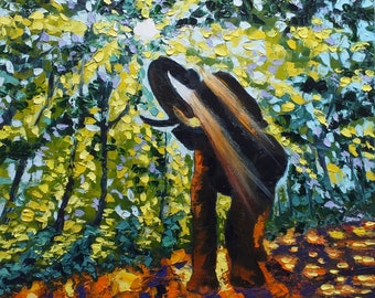 May include: An oil painting of an elephant in a forest. The elephant is dark brown with long, light brown tusks. The forest is filled with yellow and green foliage, with sunlight filtering through the trees. The painting is signed in the bottom right corner.