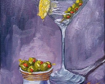 Peinture Martini Cocktail Original Art Bar Peinture à l'huile sur toile Martini Art mural boisson Oeuvre d'art 23 x 19 cm par ZinaPainting