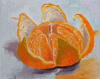 Citrus Painting Fruit Original Art Small Oil Canvas Food Still Life Citrus Impressionism Impasto Artwork Food Wall Art 6&quot;x6&quot; by ZinaPainting