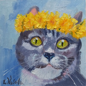 Peinture de chat, oeuvre d'art originale pour animaux de compagnie, peinture à l'huile pour animaux de compagnie, art mural chaton gris, chat bleu tigré, oeuvre d'art cadeau chat couronne de pissenlit 6 x 6 pouces par ZinaPainting
