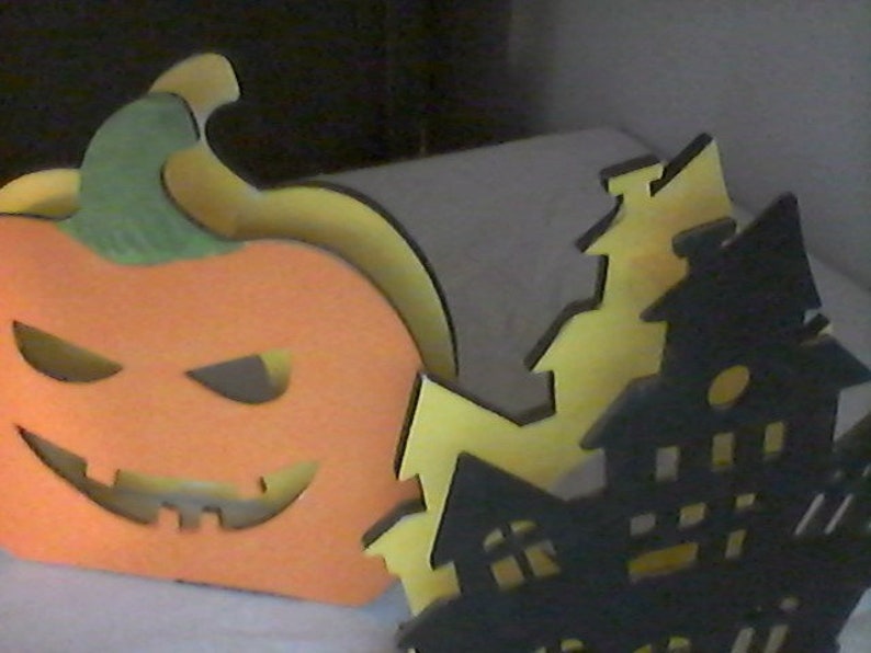 Secret Mystery House Orange Pumpkin Patch Coffin Box Four Wooden Figurine Stands.