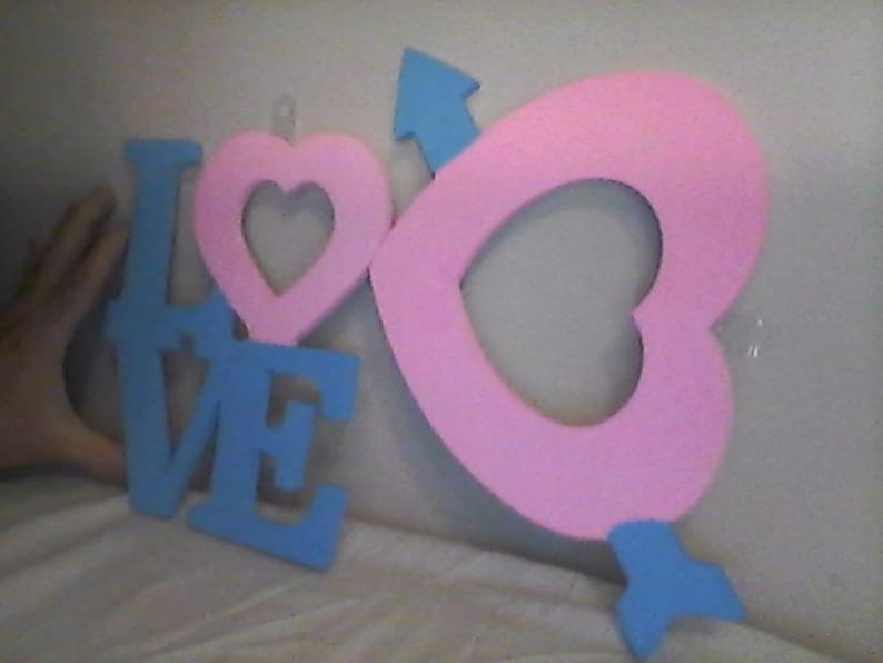 Arrow Father Arrow Through the Heart with LOVE Sign Red Set of Four Wooden Wall Plaques Pink and Blue. Orange Arrow Dad