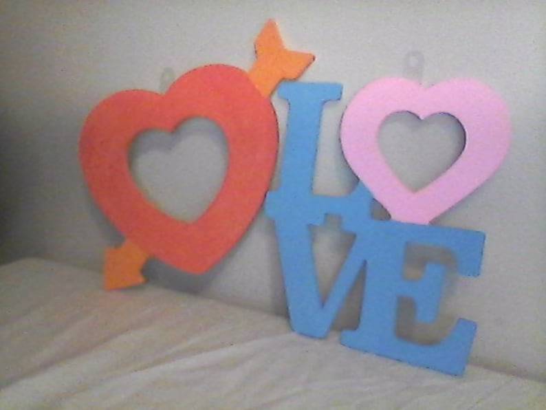 Arrow Father Arrow Through the Heart with LOVE Sign Red Set of Four Wooden Wall Plaques Pink and Blue. Orange Arrow Dad
