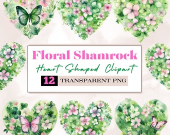 watercolor st patricks day floral shamrock png, floral shamrock heart shaped png,clover png,lucky png,heart shaped st patricks png