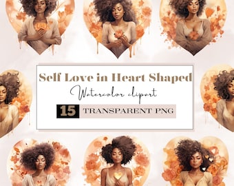 watercolor beige self love in the heart shaped png,black girl png,self love png,mental health png,meditation png,self love club png
