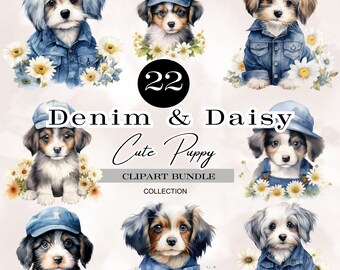 watercolor denim and daisy cute puppy clipart,spring daisies puppy png,denim and flower,spring dog clipart,puppy png birthday,dog mom png