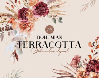 watercolor boho terracotta floral clipart,fall flower bouquet,autumn flowers clipart,fall wedding bouquet,terracotta floral clipart