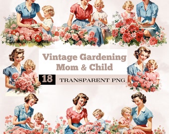 watercolor vintage gardening mom and child clipart,gardening clipart,plant mom png,flower mom png,plant lover clipart,vintage mothers day
