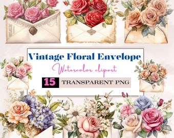 Aquarela Vintage envelope floral png, envelope floral png, envelope de amor png, envelope dos namorados, envelope rosa vintage