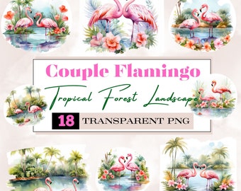 watercolor couple flamingo png,flamingo clipart,flamingo watercolor,flamingo tropical forest landscape,valentine gifts for her,PNG