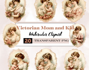 watercolor victorian mum and child png,victorian mothers day card,vintage mom and kid,vintage mothers day,happy mothers day png,mom card png