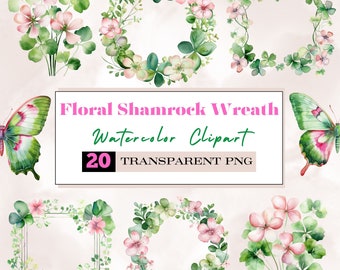 watercolor Floral Shamrock wreath png,greenery wreath png,st.pattys day png,irish clover png,spring wreath,shamrock png, butterfly png