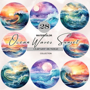 May include: A set of 28 watercolor illustrations of ocean waves with sunsets. The illustrations are in a circular format and feature various shades of blue, pink, orange, and purple.
